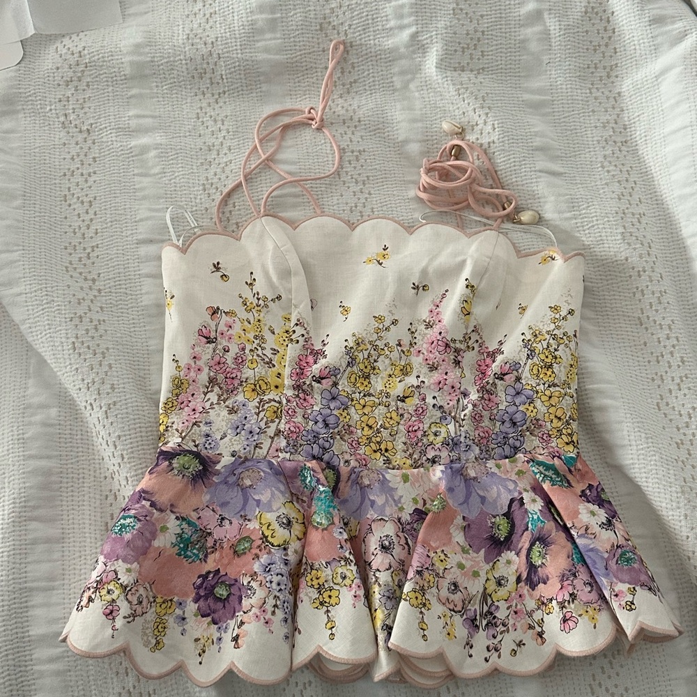 Zimmermann White and Pink Scalloped Top